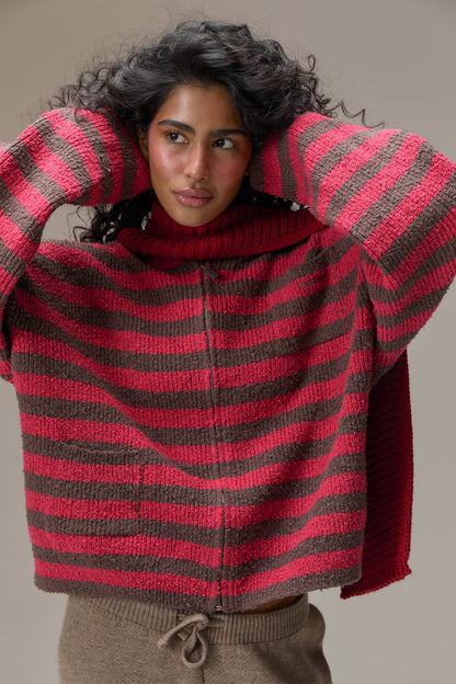 Jasper Knit Hoodie Zip Up in Red
